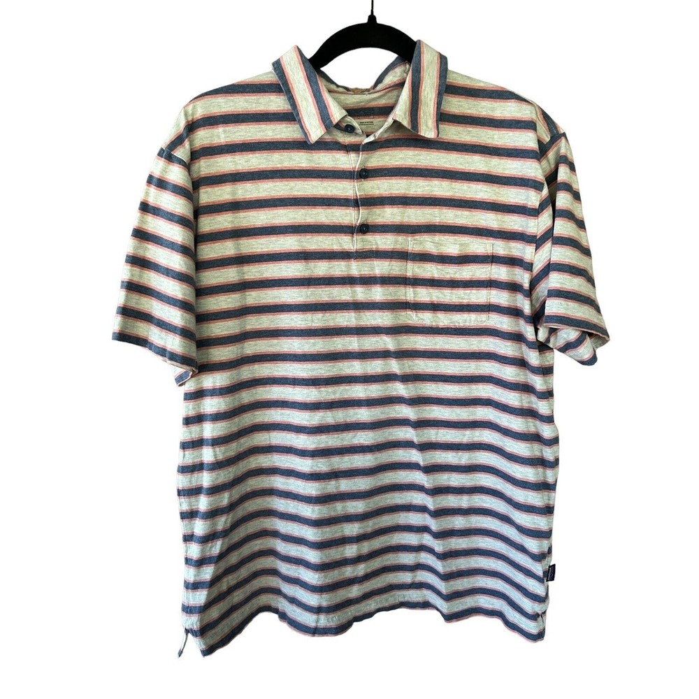 Patagonia Polo‎ Shirt Mens LARGE Gray Multi-Color Stripe Casual Organic Cotton